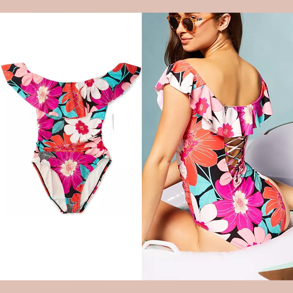 NWT $135‎ La Blanca [ 8 ] In Full Bloom Off The Shoulder Ruffle Swimsuit #6982